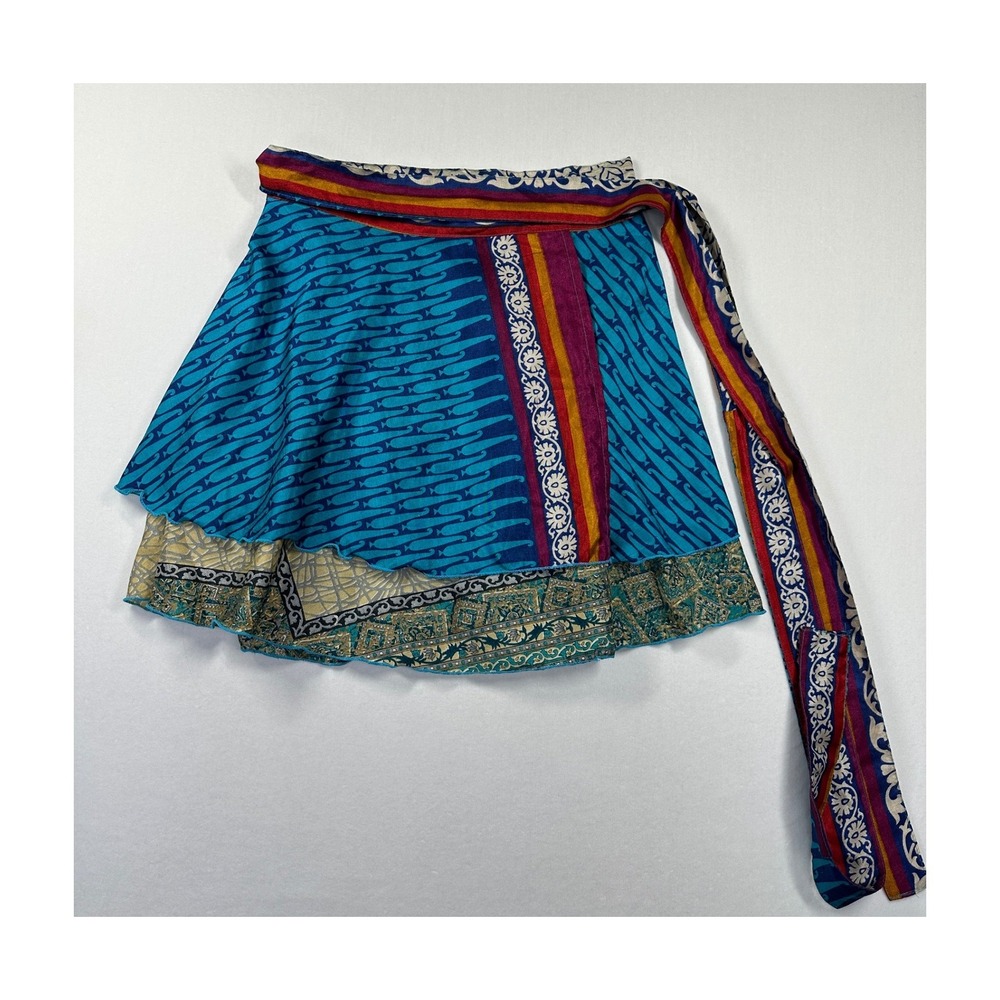 Silk Layered Sari Tapestry Mini Wrap Skirt OS Boho Ethnic‎ Festival Reversible